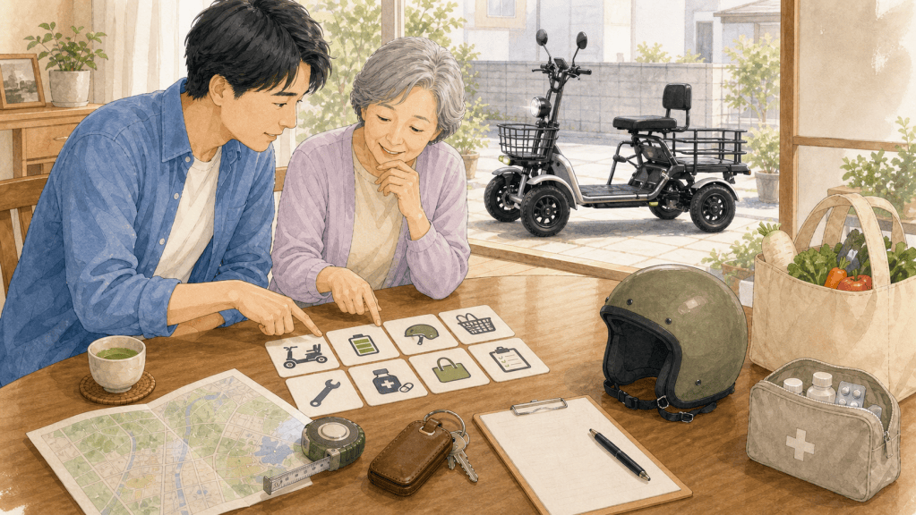 Two people review icon cards about daily needs at a table; a mobility scooter is visible outside the open door.