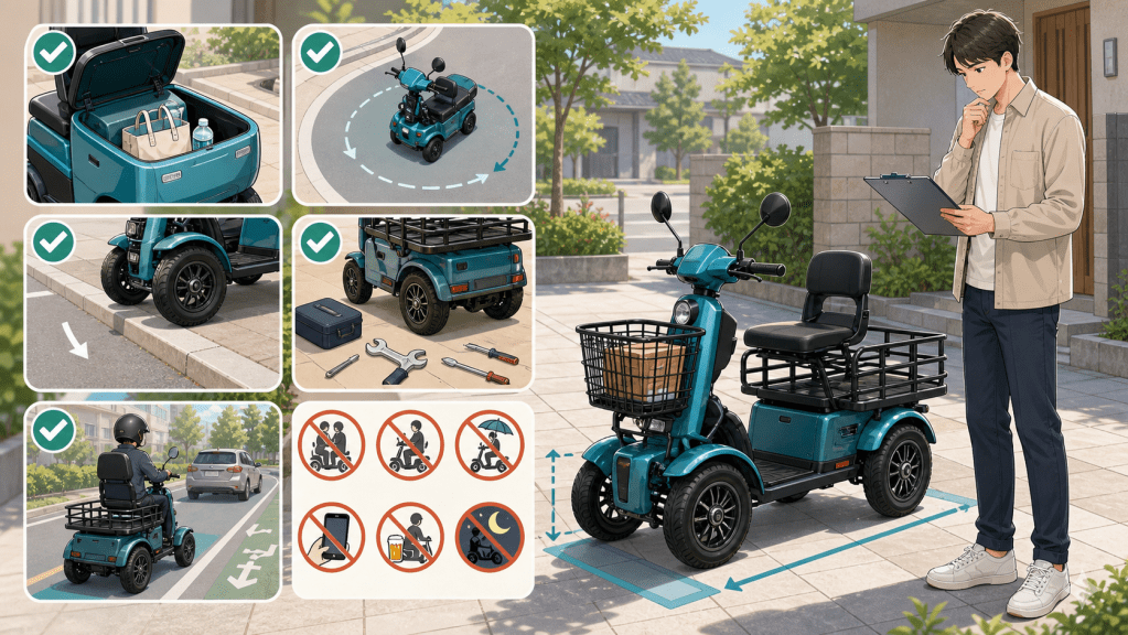 four-wheel-practical-check | ELEMOs Man with a clipboard inspecting a teal three-wheeled mobility scooter on a driveway, green checks show approved parts.