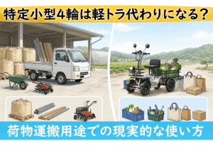 左に軽トラ代わりの小型トラックと資材、右に荷物運搬用の三輪キャリア車と荷物を積んだ風景の比較画像。背景は農場と工場風景。