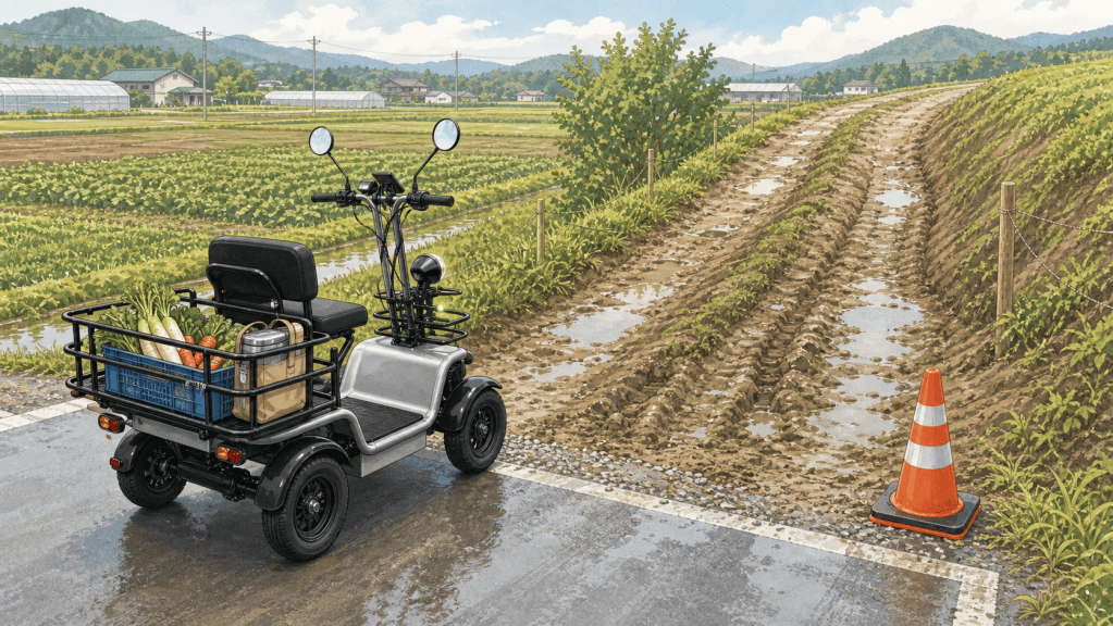 Electric cargo scooter parked on a muddy rural road next to a field, with groceries in the basket and a traffic cone nearby
