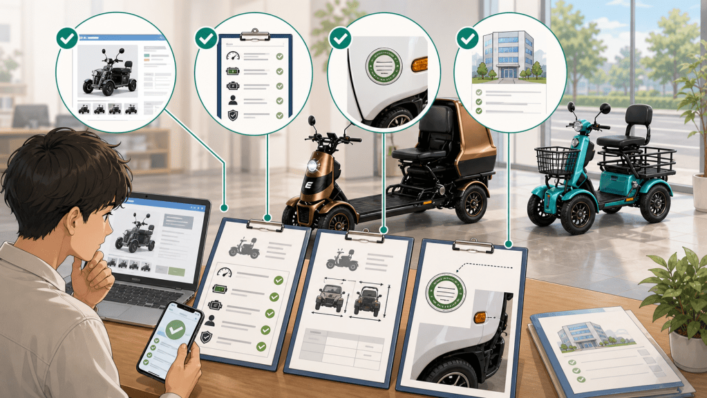 type-confirmation-documents | ELEMOs Person analyzes multiple electric mobility vehicles (scooters, motorcycle, and a compartmented vehicle) using tablets and a phone in a showroom, with checklist callouts above each.