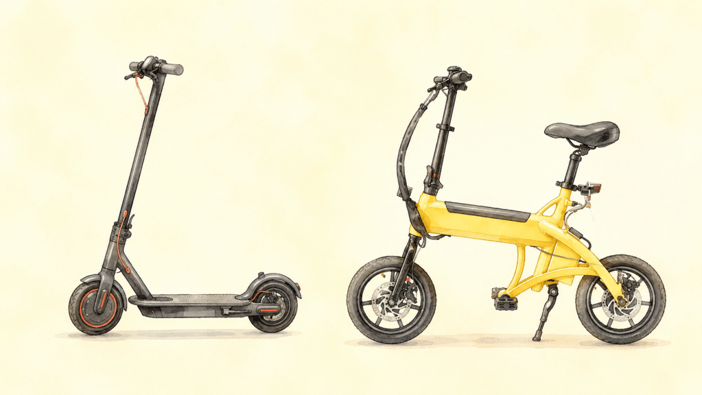 Electric scooter on the left and a yellow folding bike on the right against a pale background, showing two urban transport options.
