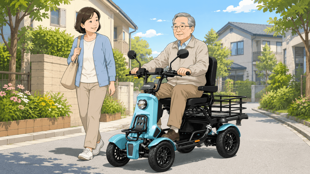 Elderly man on a blue mobility scooter and a smiling woman walking beside him through a sunny suburban street.