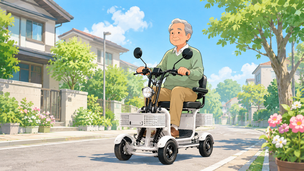 Elderly man driving a small white electric scooter on a sunny suburban street lined with houses and flowers