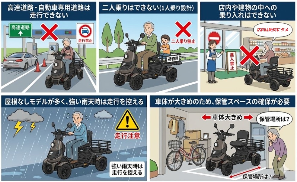 Six-panel instructional cartoon about mobility scooter rules: 1) no highway riding, 2) one-person use only, 3) cannot enter store with scooter, 4) weather/rain caution, 5) need ample space for larger vehicles, 6) parking/storage considerations.