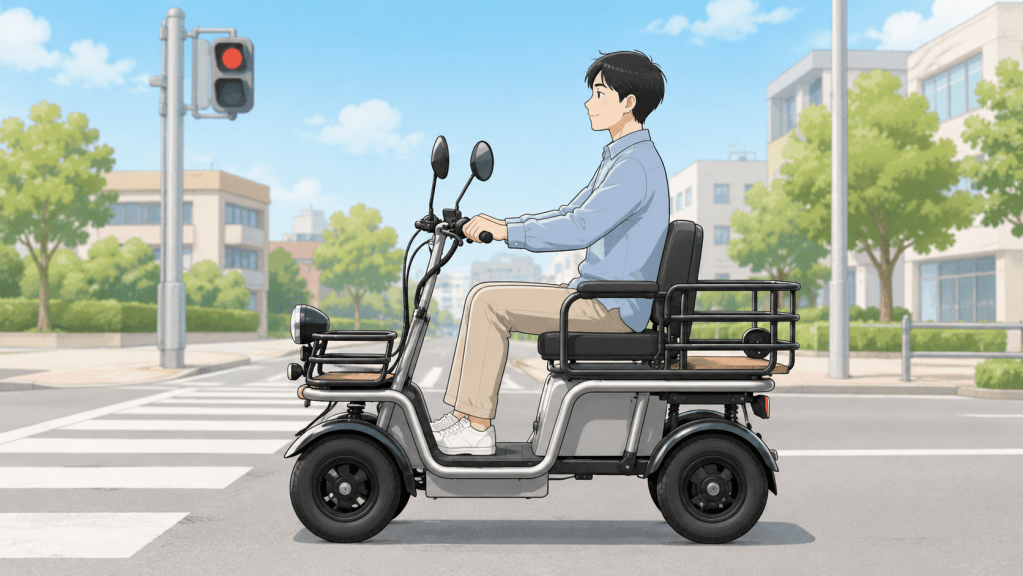 Man in a light blue shirt riding a mobility scooter at a city crosswalk on a sunny day.