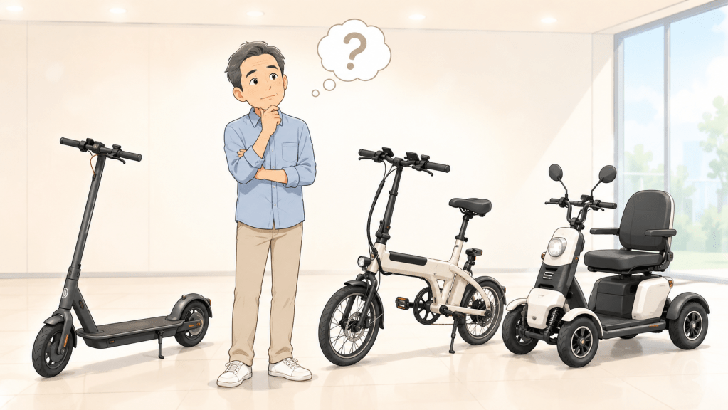 Man thinking in a showroom while comparing three mobility aids: a standing electric scooter, a foldable electric bike, and a four‑wheel mobility scooter.