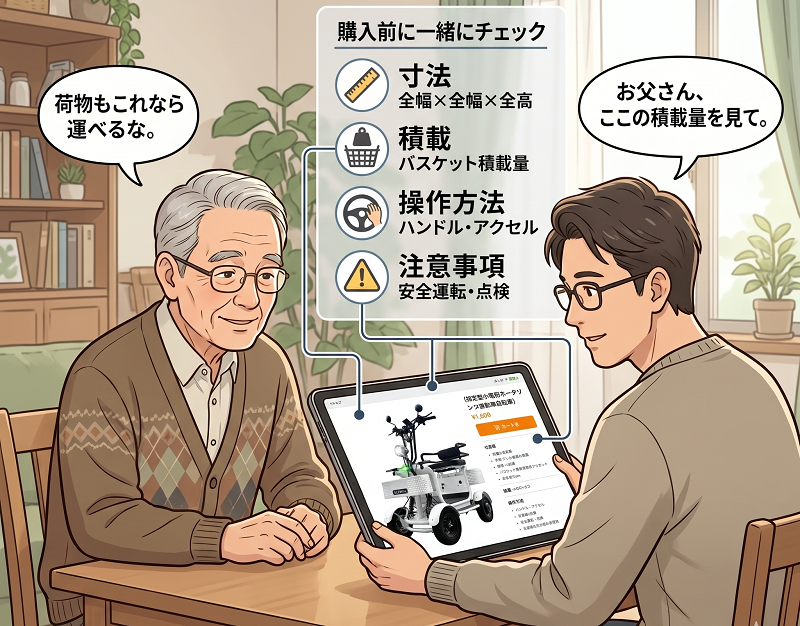 父と息子がリビングのテーブルでタブレットを見ながら購買前チェック表を確認している。寸法・積載・操作方法・注意事項の項目が表示されている。