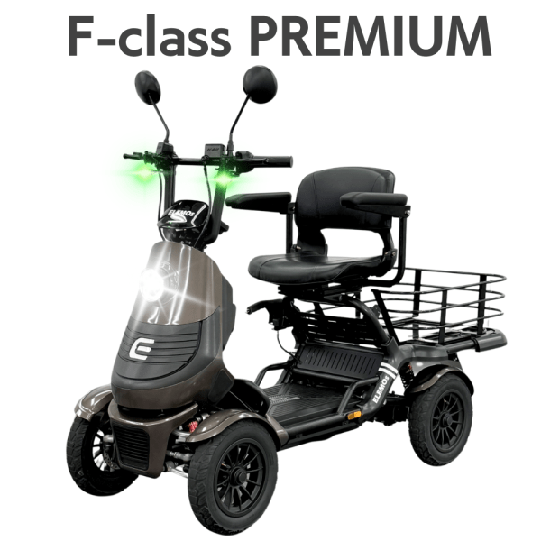 F-class PREMIUM mobility scooter with two handlebars, padded seat, and a rear cargo rack.
