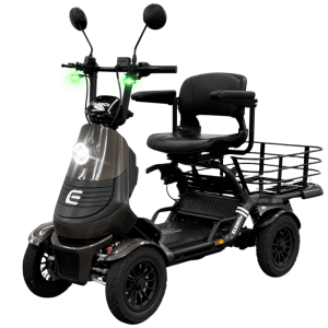 Four-wheeled electric mobility scooter with a padded seat, armrests, and a rear cargo rack on a white background