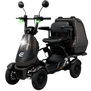 Dark-brown four-wheeled mobility scooter with a cushioned seat and large rear storage compartment. Front headlight and mirrors are visible.