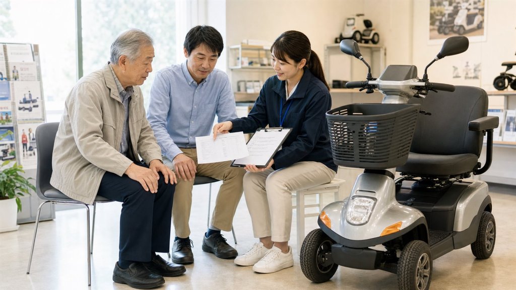 consult-before-purchase | ELEMOs Three people in a showroom review documents beside a gray mobility scooter on display.