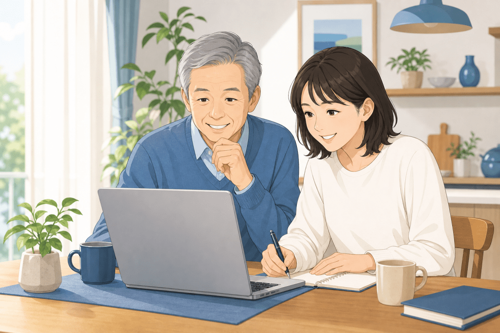 eyecatch-hojokin | ELEMOs Older man and younger woman sit at a kitchen table, looking at a laptop together as they take notes.