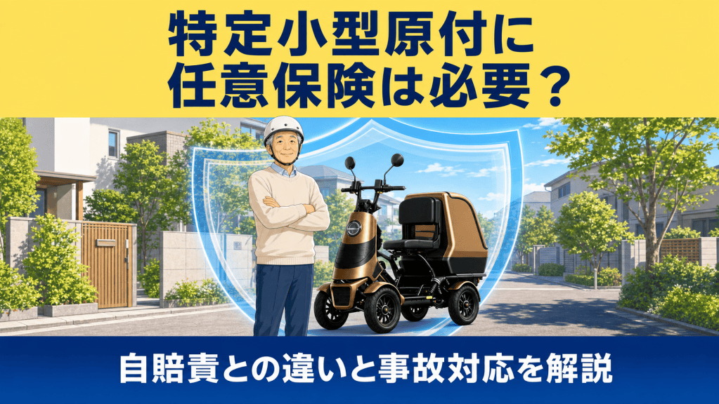 特定小型原付の任意保険の必要性を解説する広告。ヘルメットを着用した男性と防護バリアの前に立つ小型バイク。