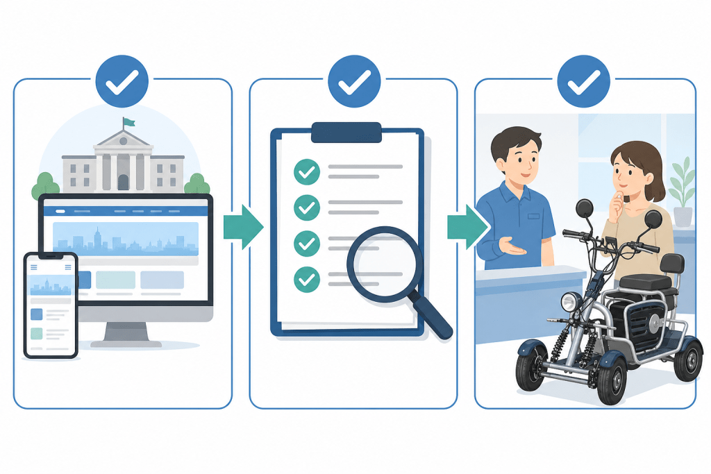subsidy-checklist | ELEMOs Three-panel flow: online government site on screens, a checklist with a magnifier, and staff helping a person with a mobility scooter.