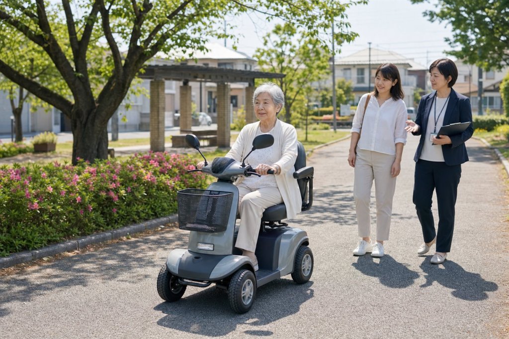 test-drive-safety-check | ELEMOs Elderly woman on a mobility scooter riding along a sunlit park path with two companions walking beside her, smiling.