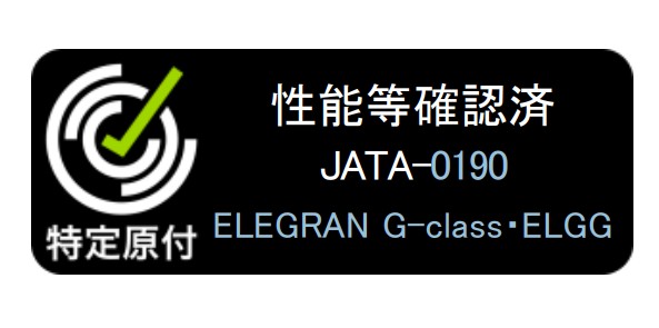 Black certification badge with a white circular target and green checkmark, Japanese text, 'JATA-0190', and 'ELEGRAN G-class ELGG'.