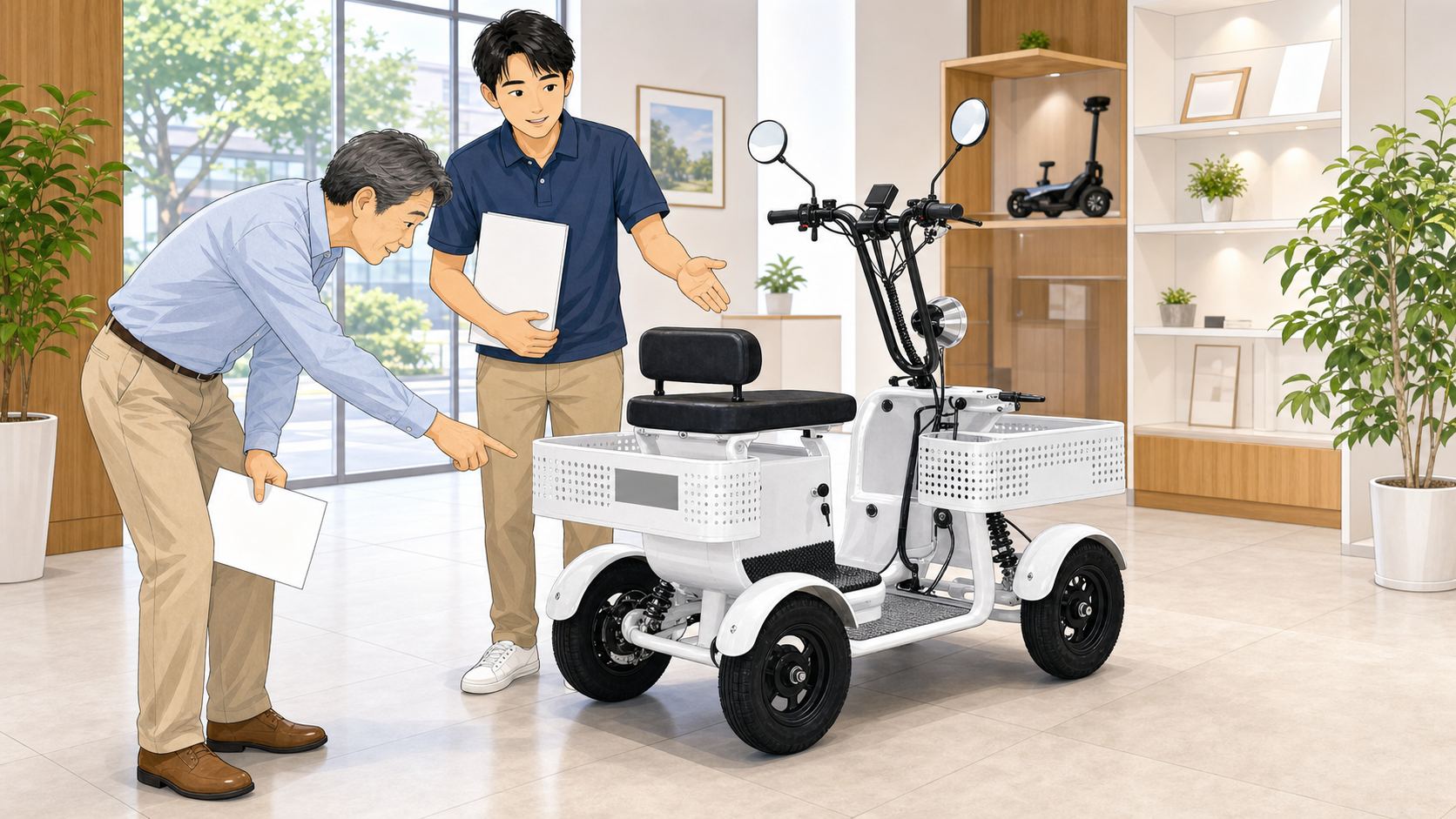 販売店で特定小型四輪の適合シールと書類を確認する男性のイラスト