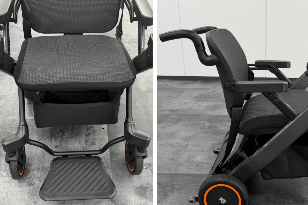 Front and side views of a black mobility chair: front shows the padded seat and footrest; side view highlights adjustable armrests and orange-edged wheels.