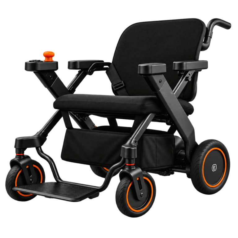 Electric wheelchair with a black frame and orange-accented wheels, cushioned seat and backrest, and a joystick control on the armrest, shown from the side for mobility use.