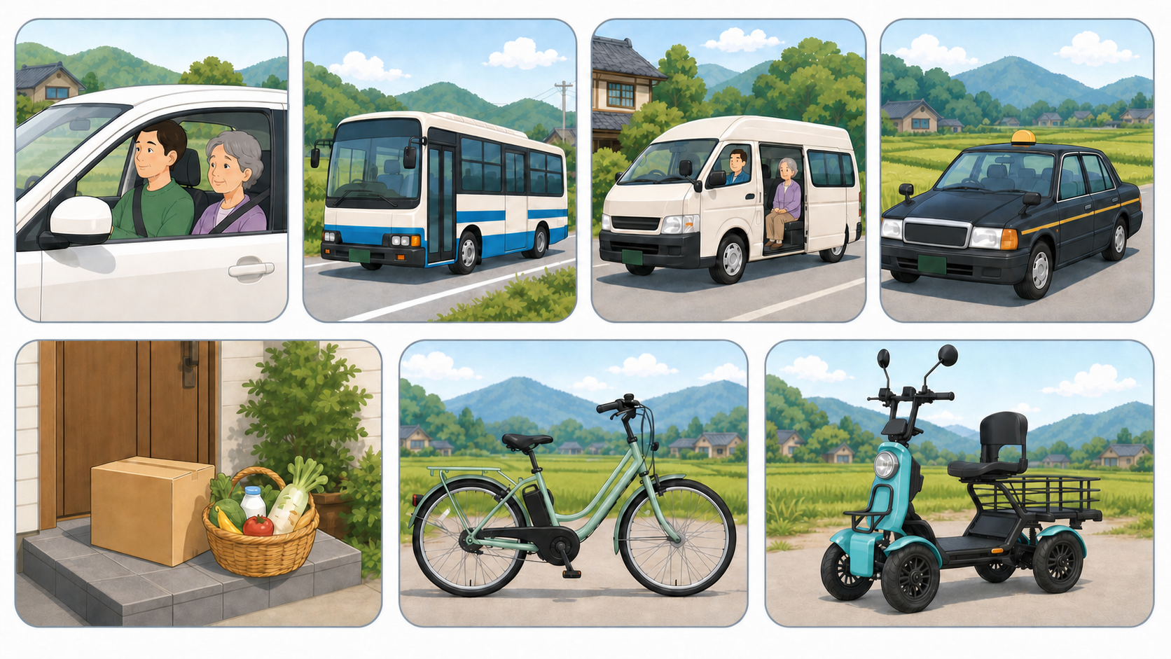 家族の送迎・路線バス・デマンド交通・タクシー・宅配・電動アシスト自転車・特定小型四輪という、地方で使える7つの移動手段のイラスト一覧