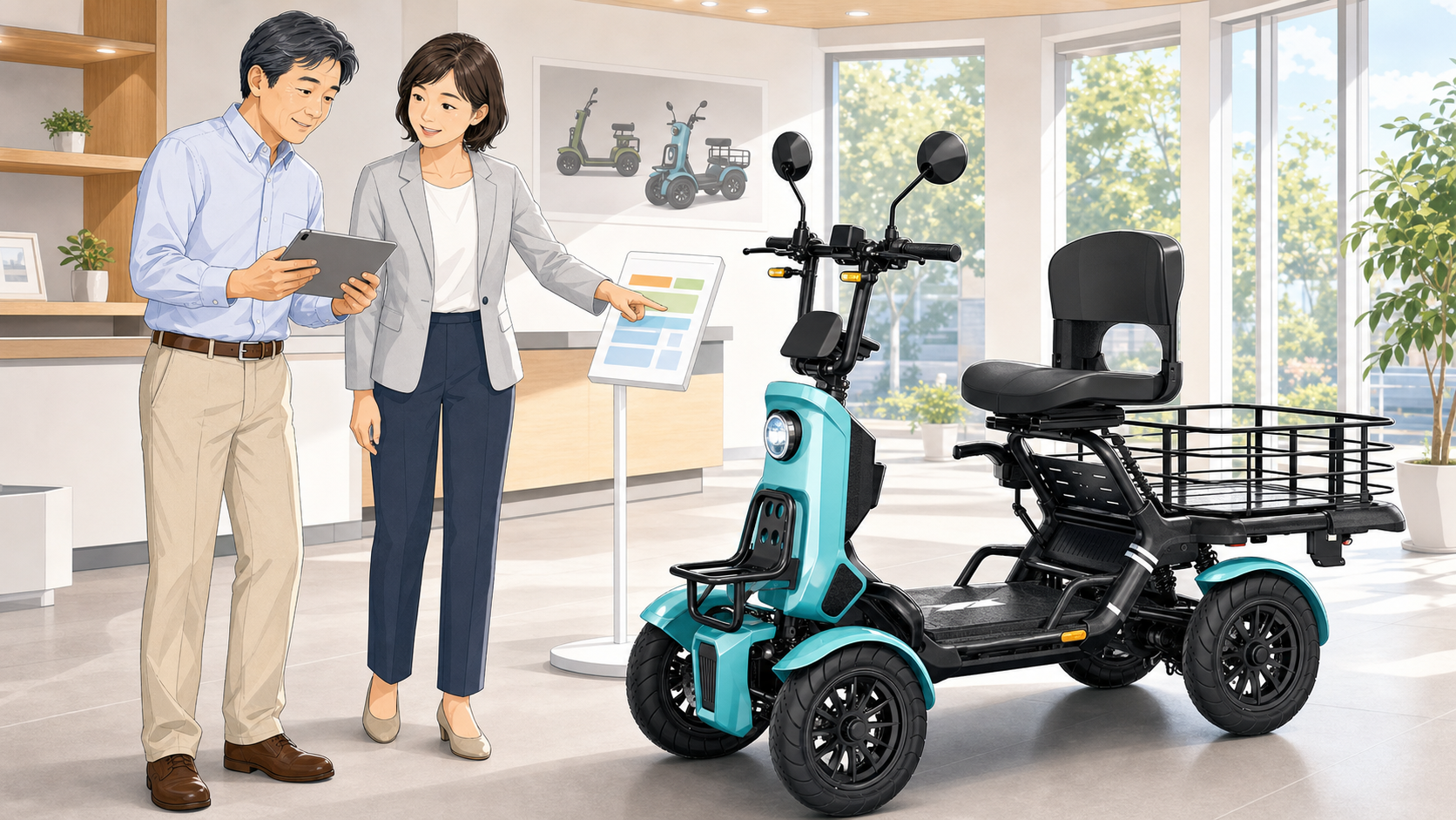 販売店で特定小型原付の基準や性能等確認シールをスタッフと確認するイラスト