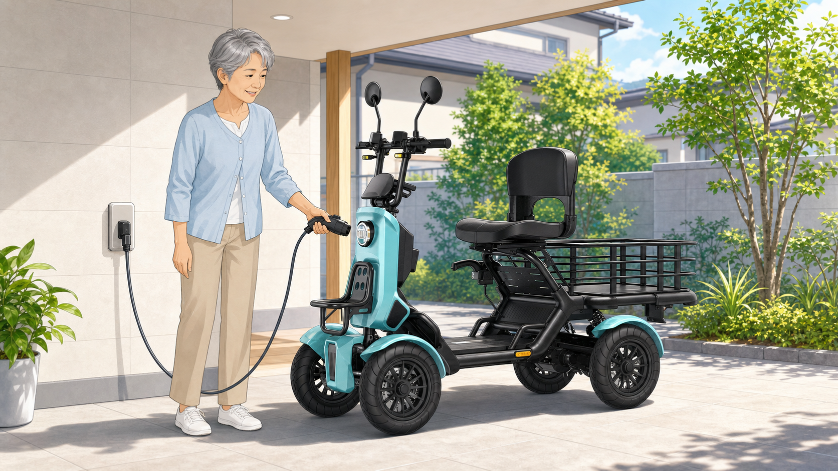 自宅のコンセントで特定小型四輪エレキャリーを充電する女性のイラスト