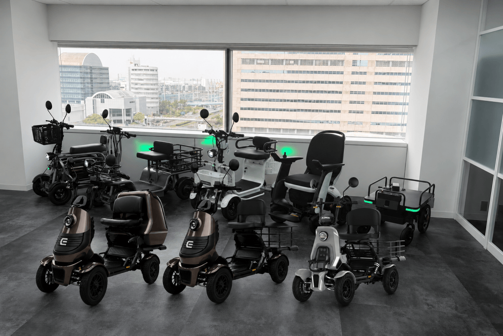 Showroom of mobility aids with electric scooters, wheelchairs, and trikes arranged by a large window overlooking the city skyline.