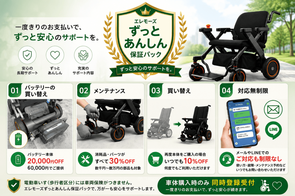 Promotional banner for Elemoze shielded service: a wheelchair beside a green laurel emblem and a slogan about安心 and support in Japanese.