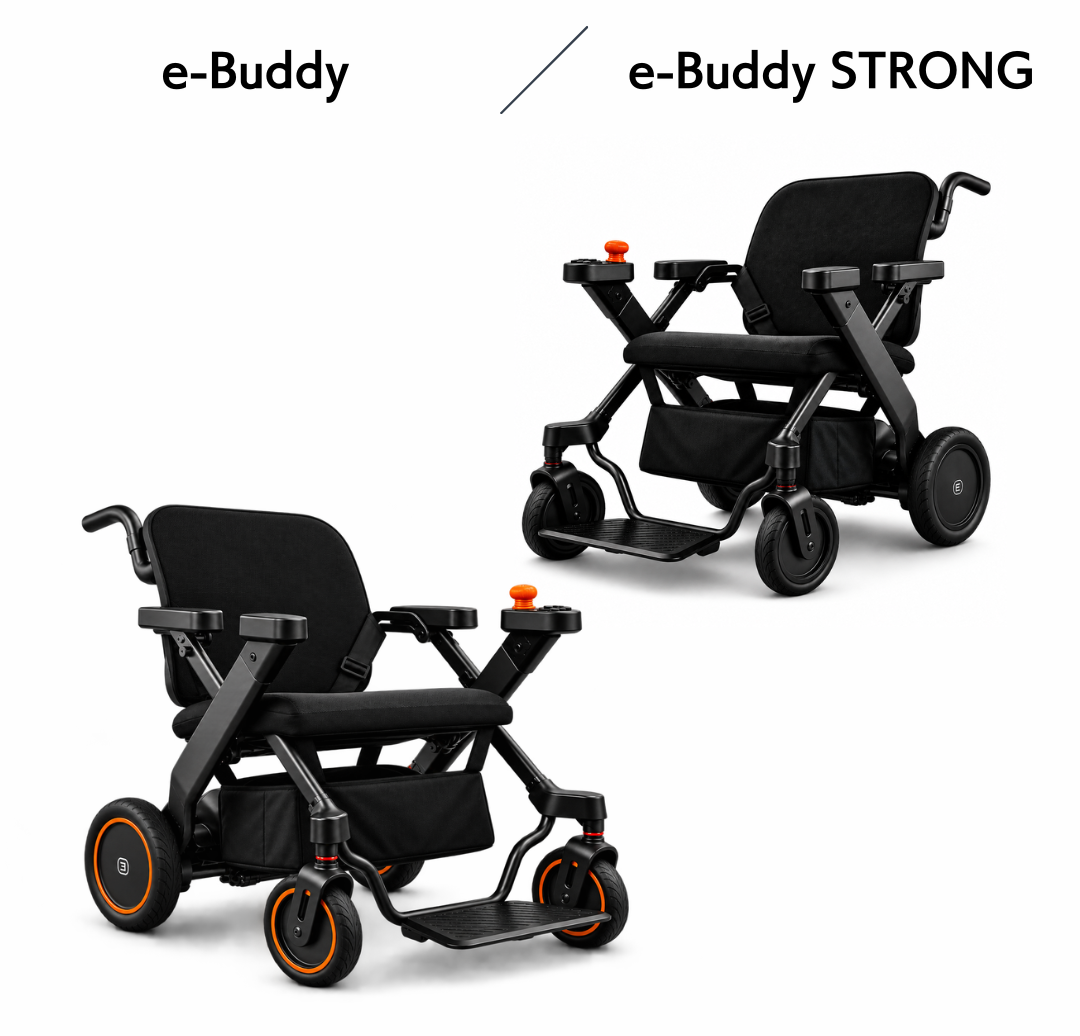 Two black wheelchair models shown side by side: e-Buddy on the left and e-Buddy STRONG on the right, with orange accents on controls.