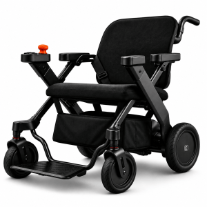 Electric wheelchair with a black frame, padded seat and backrest, footplate, and orange joystick on the left armrest