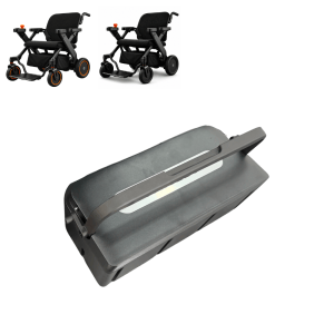 Two black electric wheelchairs with orange control knobs, and a large gray battery pack beside them.