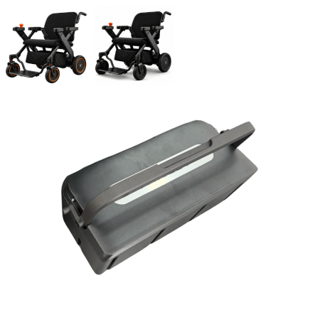 Two black electric wheelchairs with orange control knobs, and a large gray battery pack beside them.
