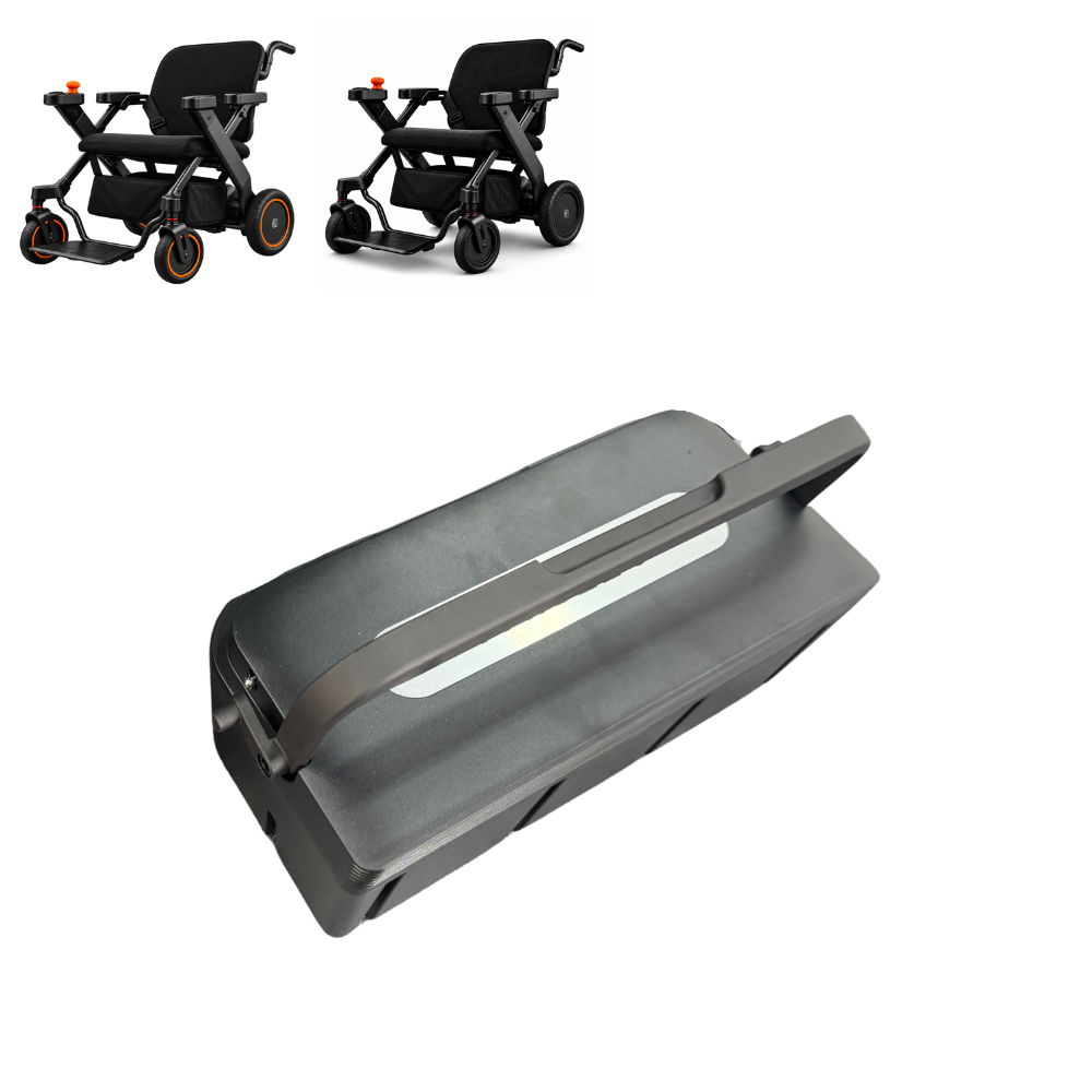 Two black electric wheelchairs with orange control knobs, and a large gray battery pack beside them.