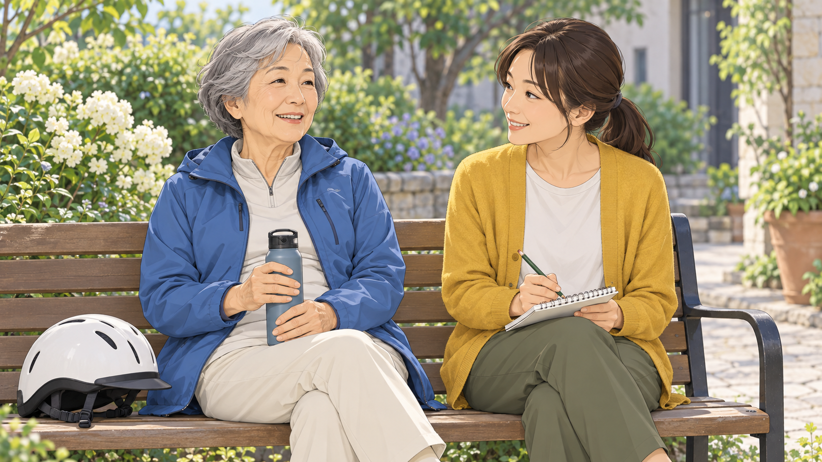 練習の合間にベンチで休み、できたことを親子で振り返るイラスト