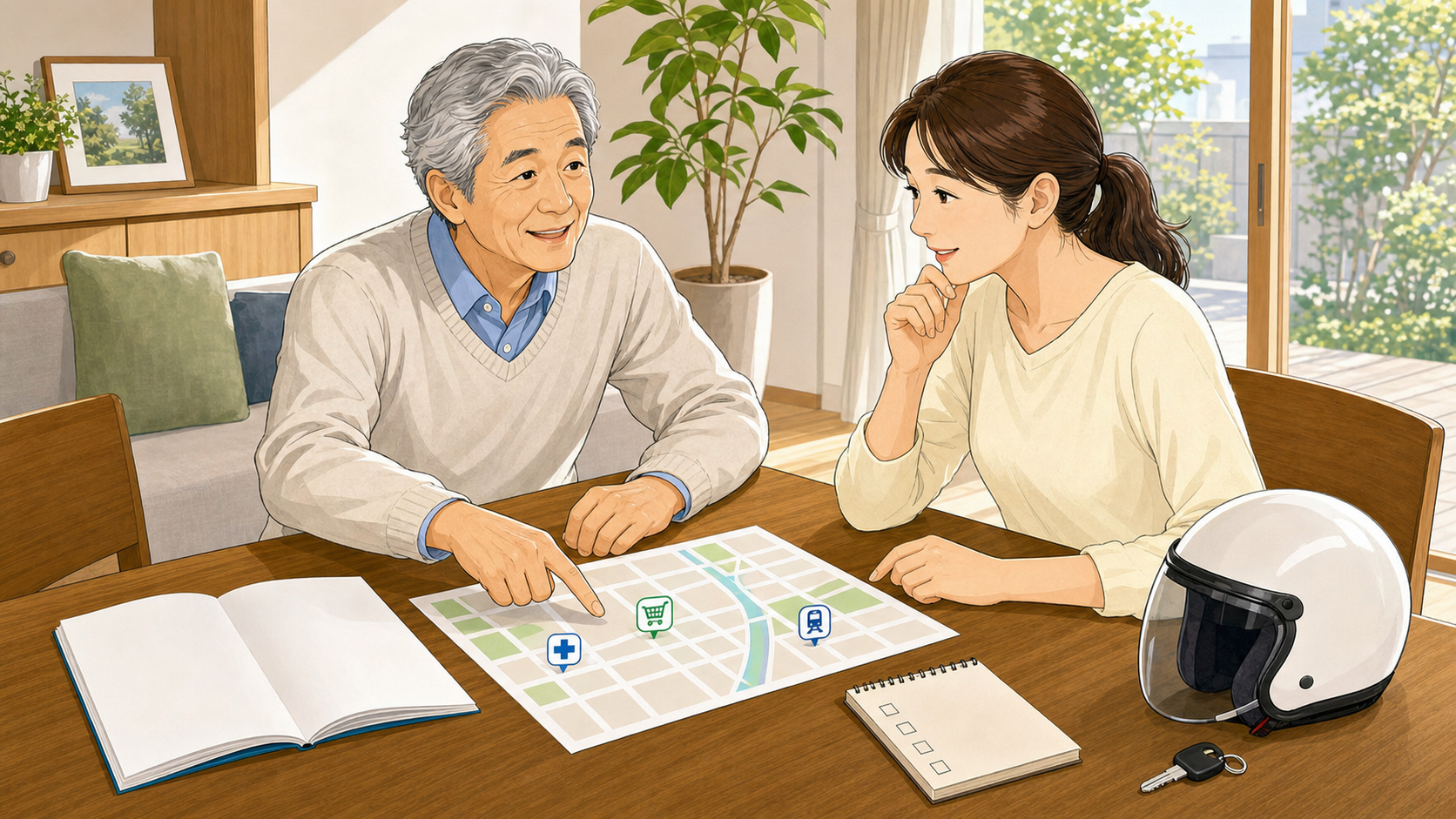 新基準原付と特定小型原付のどちらが生活に合うか家族で検討するイラスト