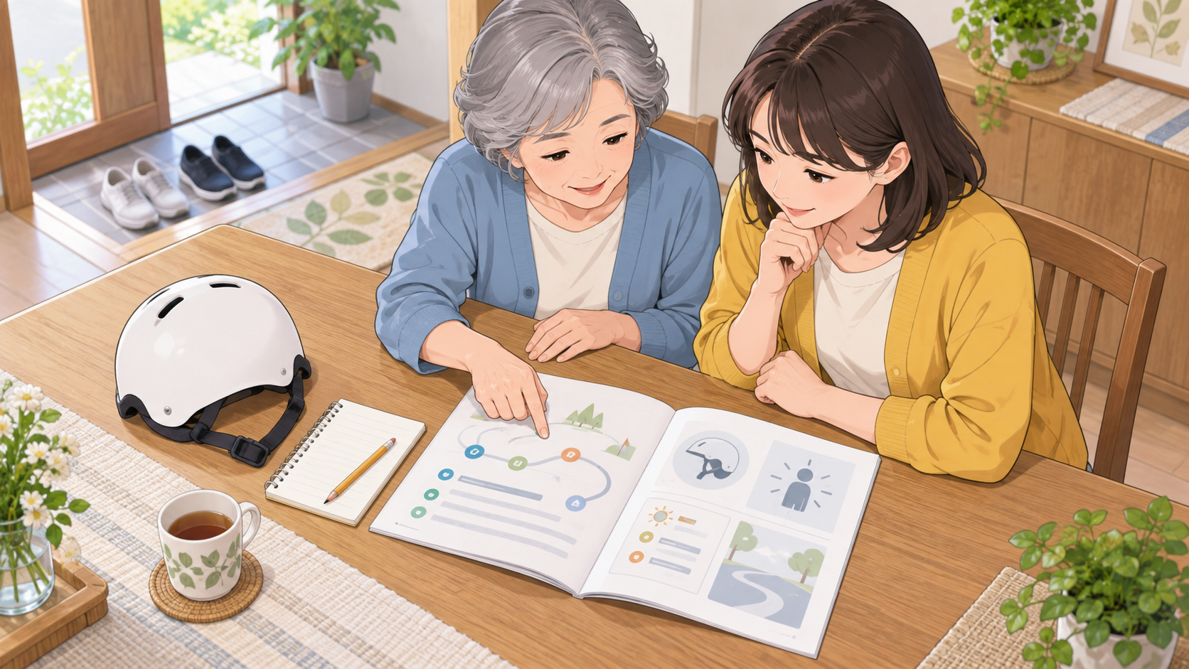 説明書とヘルメットを机に並べて練習の準備をする親子のイラスト