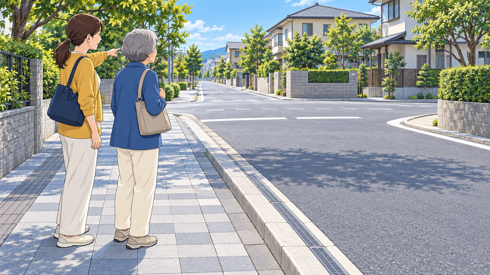 車両に乗る前に家族と徒歩で道の幅や交差点を確認する高齢女性のイラスト