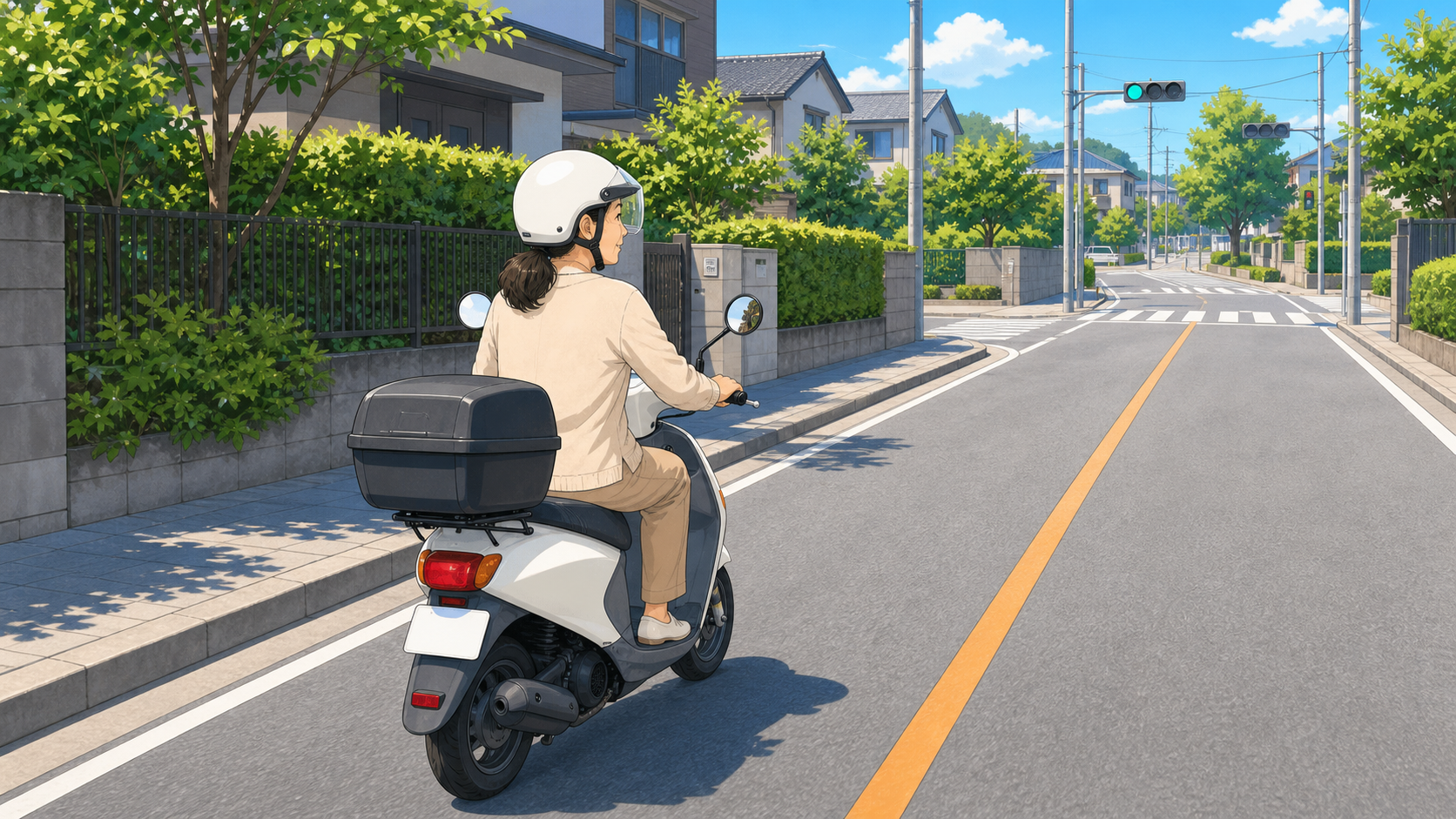 ヘルメットを着用して車道の左側を走る新基準原付のイラスト