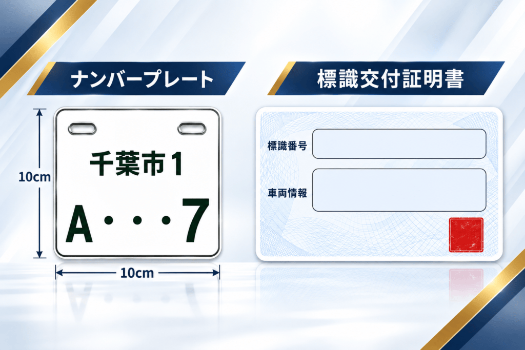 Left image shows a 10 cm square Japanese license plate with 千葉市1 and A … 7; right panel shows a blue security certificate form labeled 標識交付証明書 with empty fields for number and vehicle info.