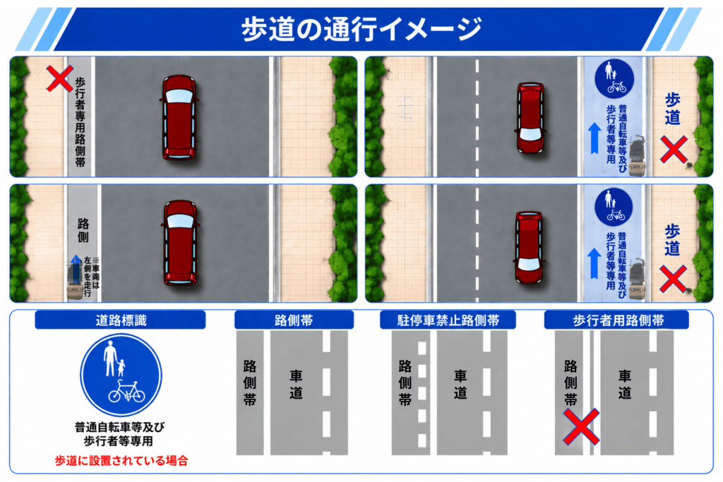 Four-panel diagram showing pedestrian and bicycle lanes on a road, indicating allowed and restricted areas with red X marks in some panels.