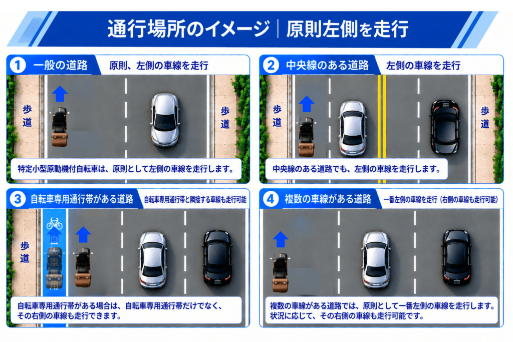 Infographic showing lane rules for bikes and cars on two example roads with blue headers and Japanese text.