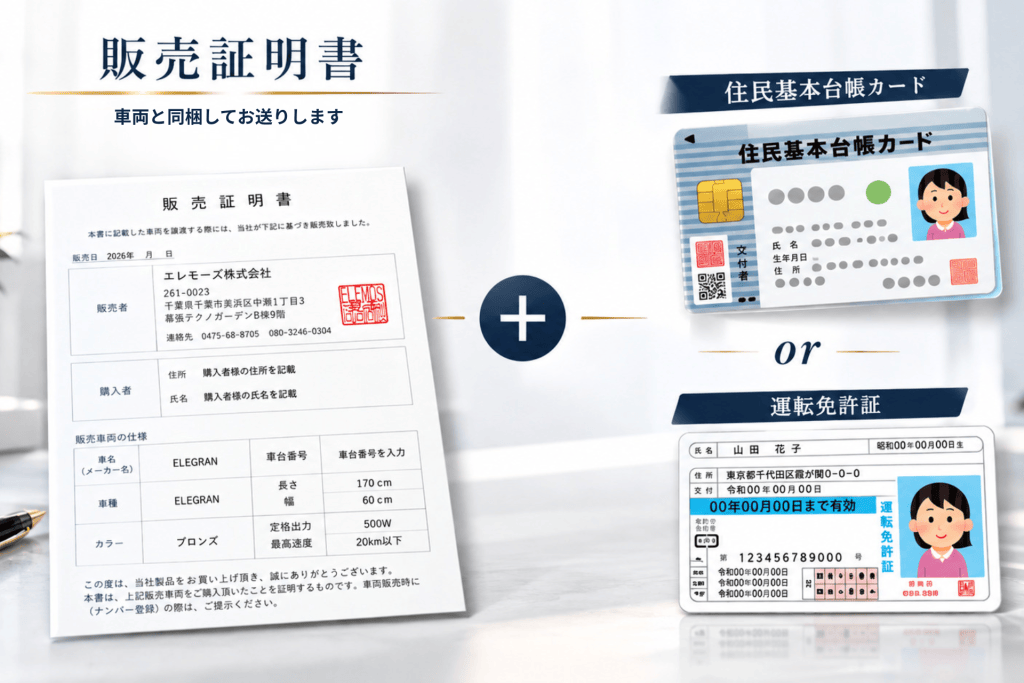 販売証明書と住民基本台帳カードを並べた案内用画像、車両購入手続きの案内を示す。