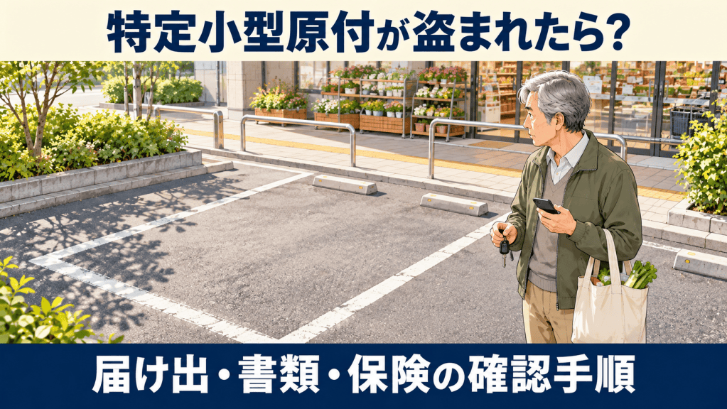 特定小型原付の盗難に気づいたときの届け出と確認手順を紹介するアイキャッチ