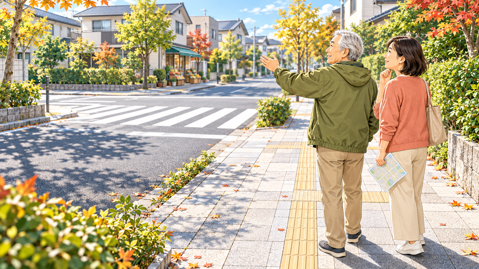 歩道から交差点の見通しを確認し、生活ルートを下見する父と娘のイラスト