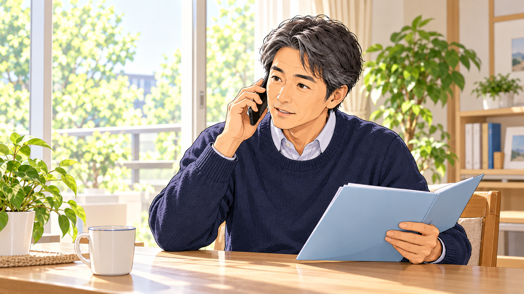 保険の契約書類を手元に置き電話で補償内容を確認する男性のイラスト