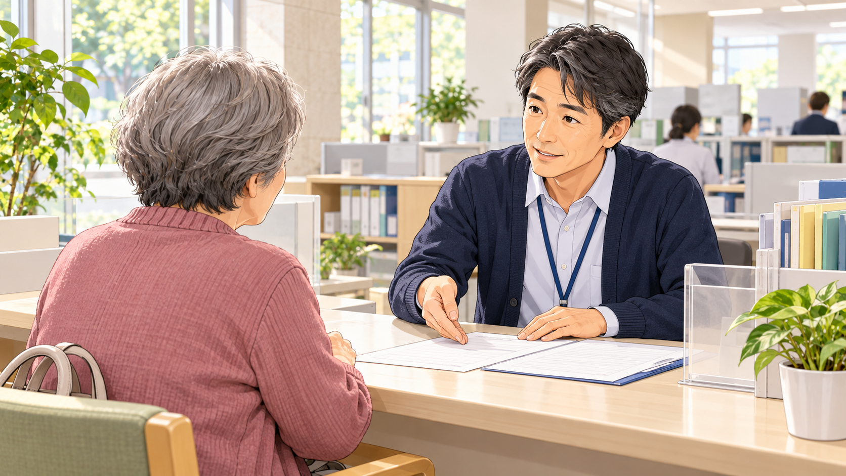 市区町村の窓口で盗難後の登録手続きについて相談する女性のイラスト