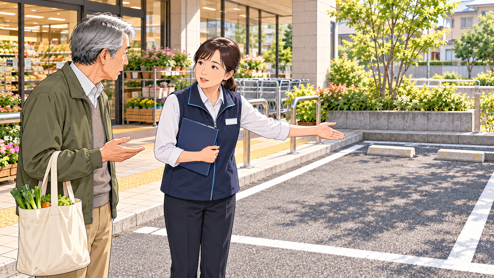駐車場所で車両の移動がなかったか施設の担当者に確認する男性のイラスト